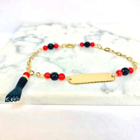 New Baby ID Bracelet Azabache Diamont Cut Solid Gold 14K 6.25" Cable Link - Picture 3 of 7